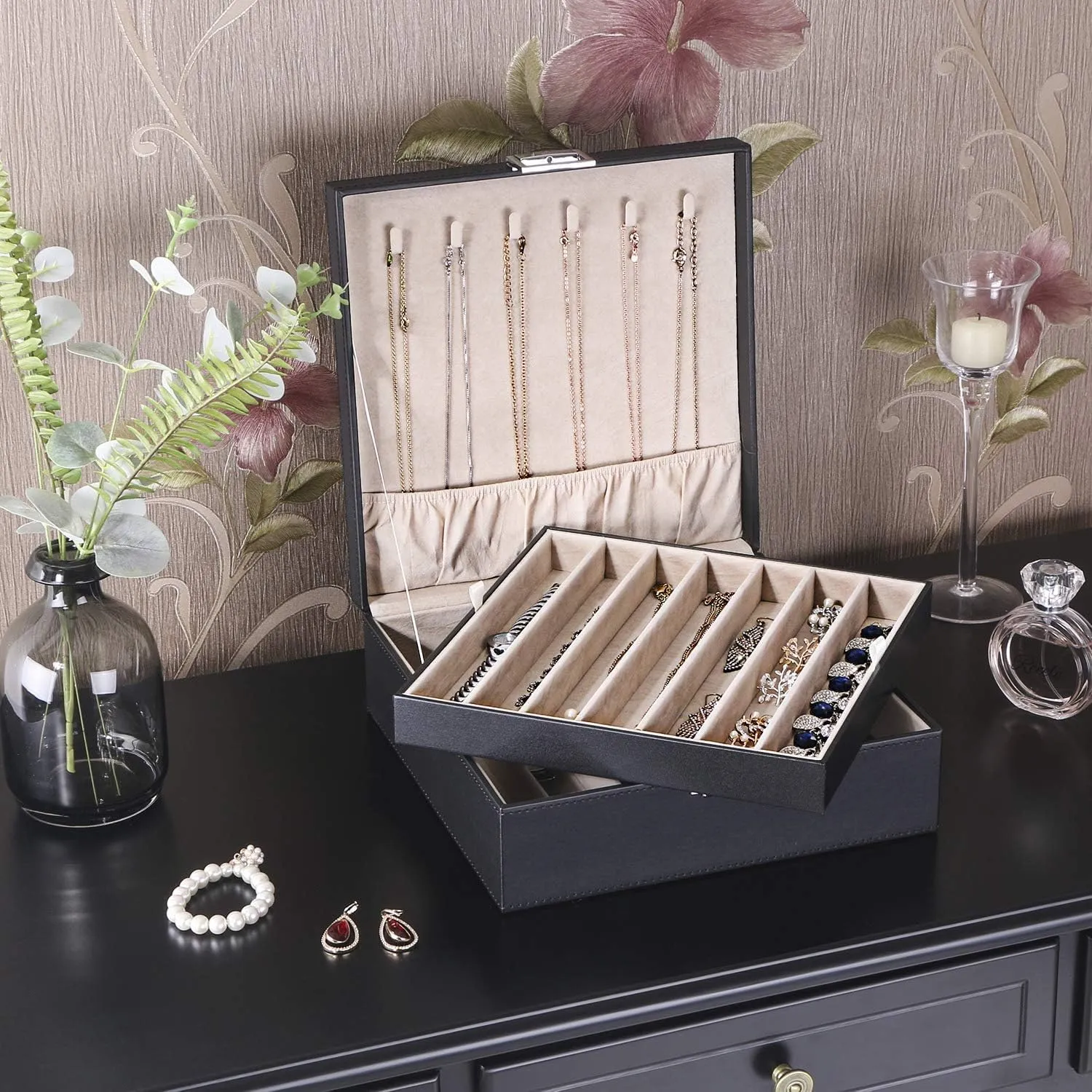 BEWISHOME Necklace Organizer Box Necklace Storage Organizer for Chains, Bracelets - 12 Compartments (7 regular   5 large), 6 Hooks, 2 Layers - Jewelry Box for Women Girls,Black SSH31B