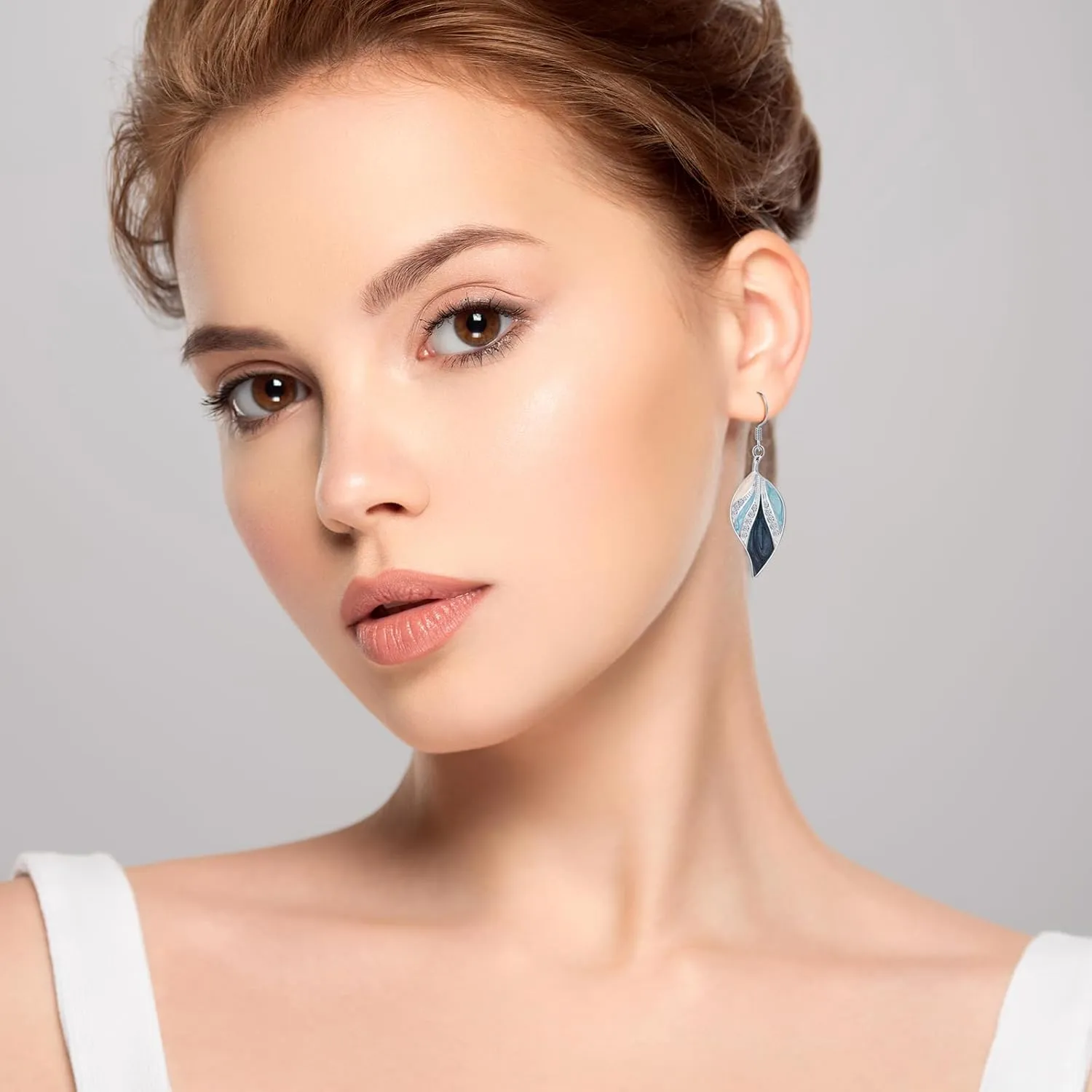 Big Blue Leaf Silver Dangle Earrings for Women Boho Earrings Drop with Light Blue and Beige Bohemian Tropical Style Plant Dangling for Gift