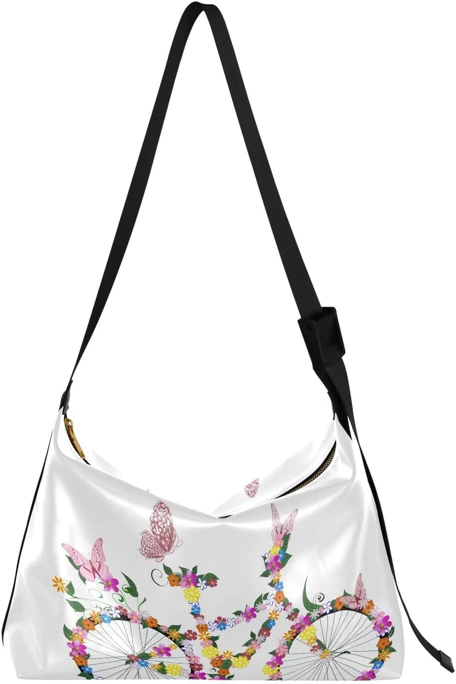 Bike with Flowers Hobo Crossbody Bags for Women Leather Large Shoulder Bag Cross Body Creative Spring Bicycle Trendy Womens Tote Bags Handbag for Travel Shopping
