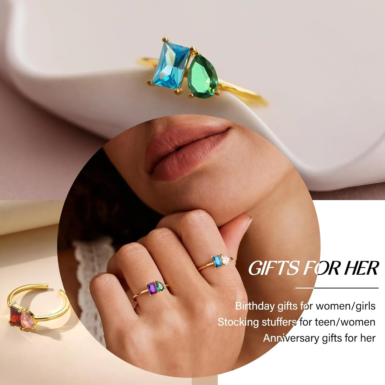 Birthstone Rings for Women Non Tarnish Gold Rings Mothers Day Gifts Birthday Gifts for Teen Girls Dainty 14K Plated Adjustable CZ Stacking Promise Ring Christmas Stocking Stuffers Anniversary Jewelry for Friend Sister Girlfriend Mom