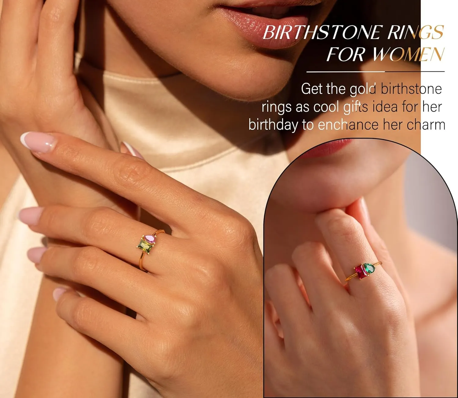 Birthstone Rings for Women Non Tarnish Gold Rings Mothers Day Gifts Birthday Gifts for Teen Girls Dainty 14K Plated Adjustable CZ Stacking Promise Ring Christmas Stocking Stuffers Anniversary Jewelry for Friend Sister Girlfriend Mom