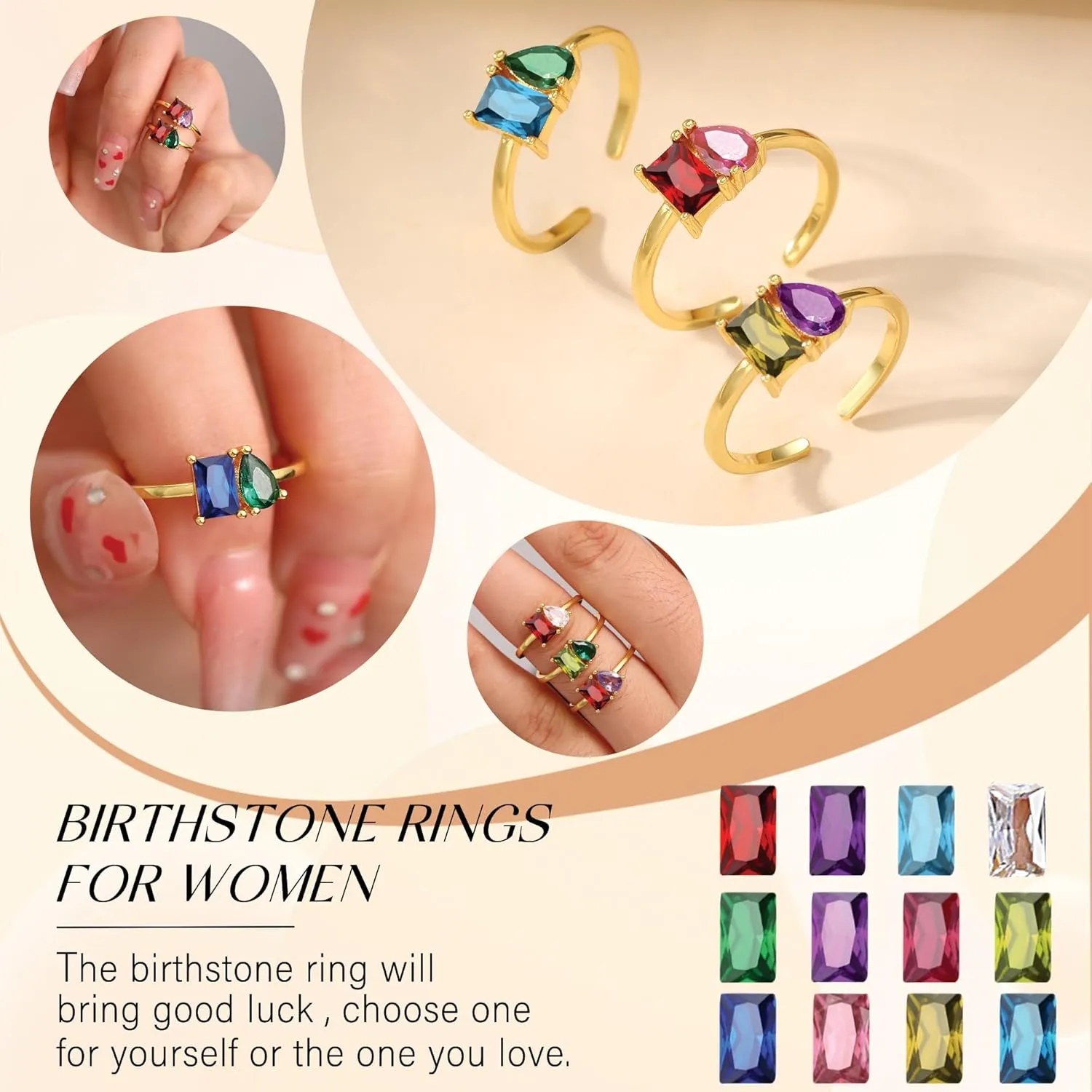 Birthstone Rings for Women Non Tarnish Gold Rings Mothers Day Gifts Birthday Gifts for Teen Girls Dainty 14K Plated Adjustable CZ Stacking Promise Ring Christmas Stocking Stuffers Anniversary Jewelry for Friend Sister Girlfriend Mom