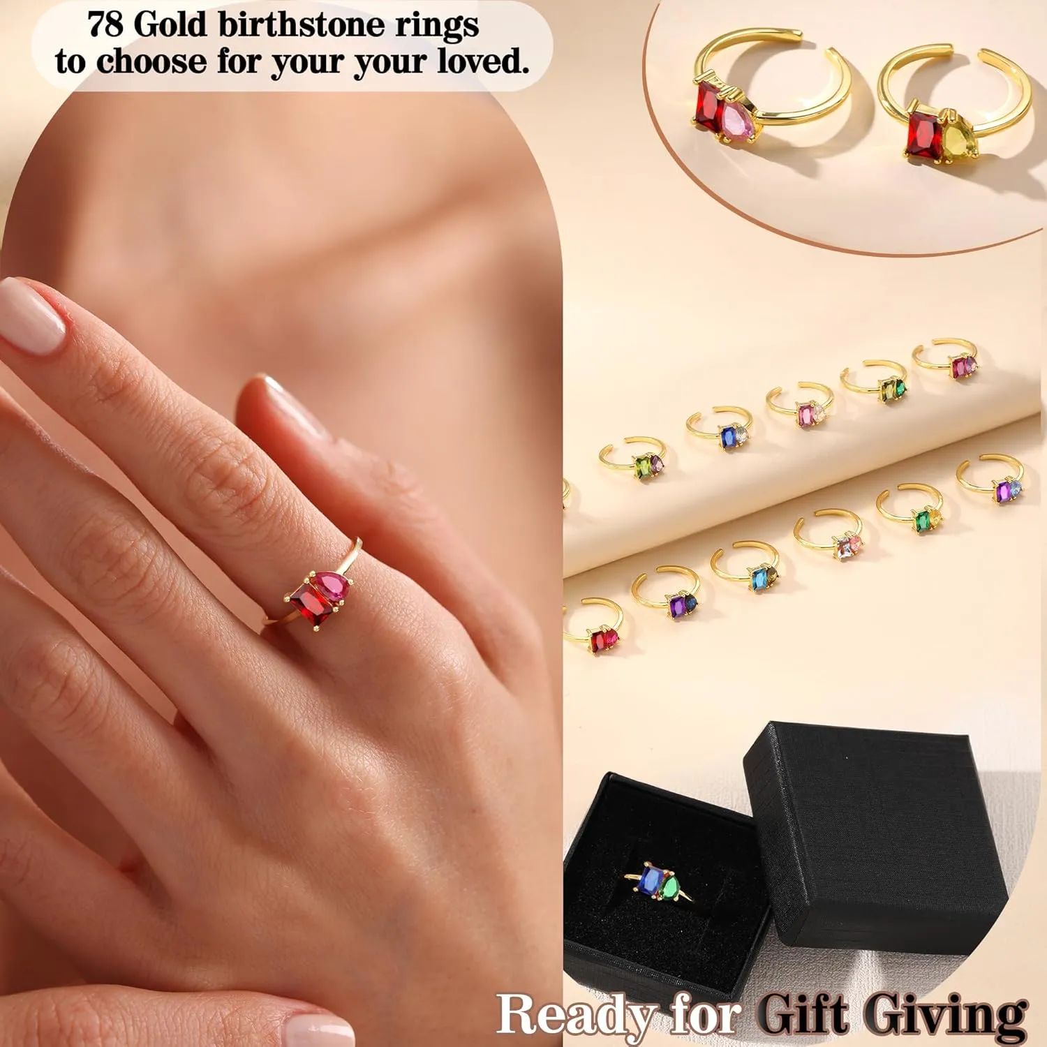 Birthstone Rings for Women Non Tarnish Gold Rings Mothers Day Gifts Birthday Gifts for Teen Girls Dainty 14K Plated Adjustable CZ Stacking Promise Ring Christmas Stocking Stuffers Anniversary Jewelry for Friend Sister Girlfriend Mom