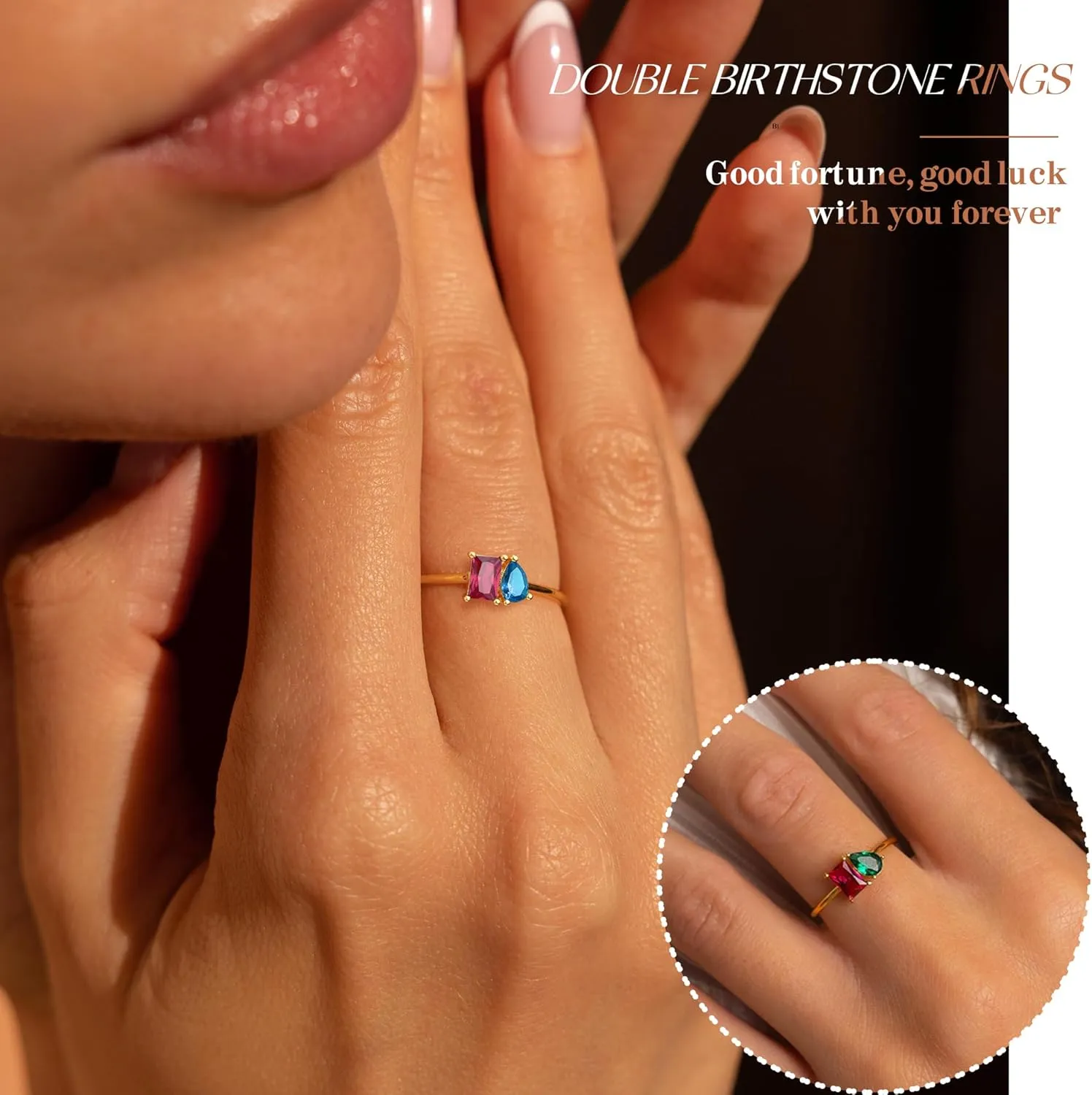 Birthstone Rings for Women Non Tarnish Gold Rings Mothers Day Gifts Birthday Gifts for Teen Girls Dainty 14K Plated Adjustable CZ Stacking Promise Ring Christmas Stocking Stuffers Anniversary Jewelry for Friend Sister Girlfriend Mom