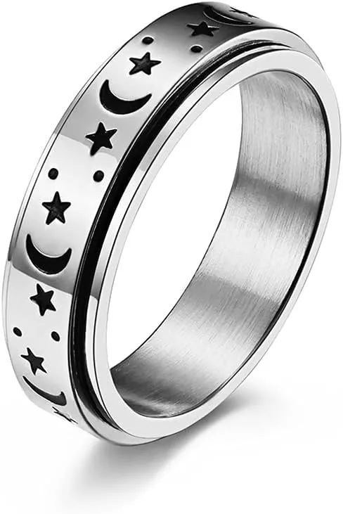 Black Moon Star Rotatable Titanium Stainless Steel Fidget Band Rings for Women Men Dainty Anti Anxiety Stress Relief Spinner Rings Minimalist Statement Promise Couple Rings for Boyfriend Girlfriend Son Daughter Christmas New Year Gifts