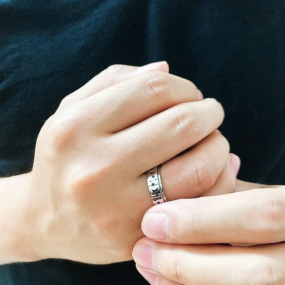 Black Moon Star Rotatable Titanium Stainless Steel Fidget Band Rings for Women Men Dainty Anti Anxiety Stress Relief Spinner Rings Minimalist Statement Promise Couple Rings for Boyfriend Girlfriend Son Daughter Christmas New Year Gifts