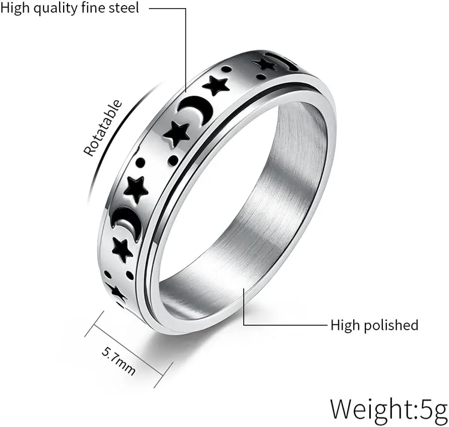 Black Moon Star Rotatable Titanium Stainless Steel Fidget Band Rings for Women Men Dainty Anti Anxiety Stress Relief Spinner Rings Minimalist Statement Promise Couple Rings for Boyfriend Girlfriend Son Daughter Christmas New Year Gifts