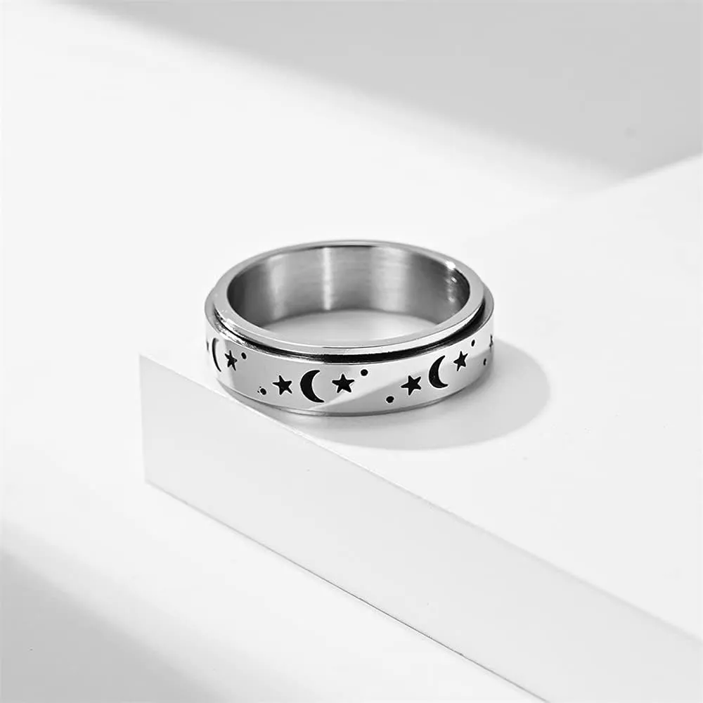 Black Moon Star Rotatable Titanium Stainless Steel Fidget Band Rings for Women Men Dainty Anti Anxiety Stress Relief Spinner Rings Minimalist Statement Promise Couple Rings for Boyfriend Girlfriend Son Daughter Christmas New Year Gifts