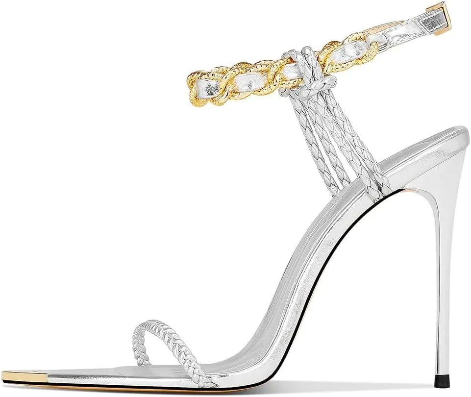 Black Pumps for Women Gold Chain Ankle Strap Open Toe Pointed Toe Stiletto High Heels for Formal Events Weddings Parties and Evening Wear
