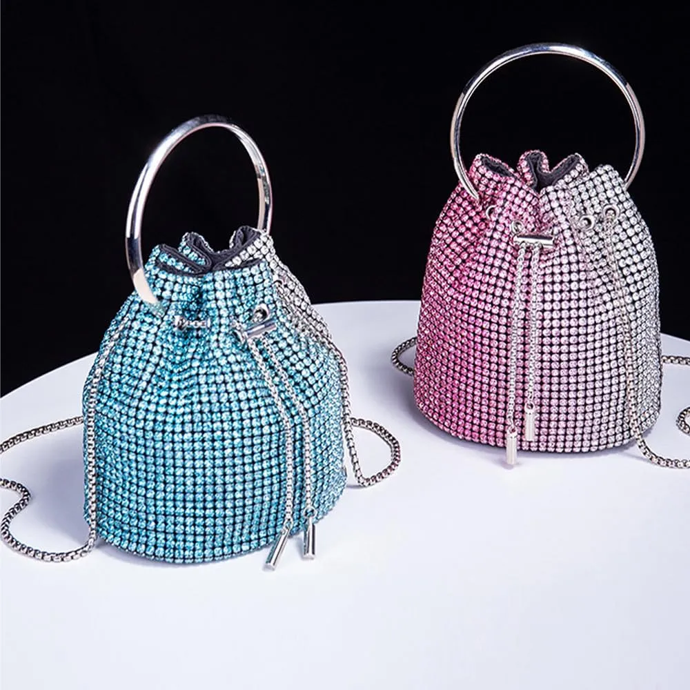 Bling Evening Handbag Rhinestone Drawstring Shoulder Bucket Purse Diamond Clutch Purse Party Wedding Shopping