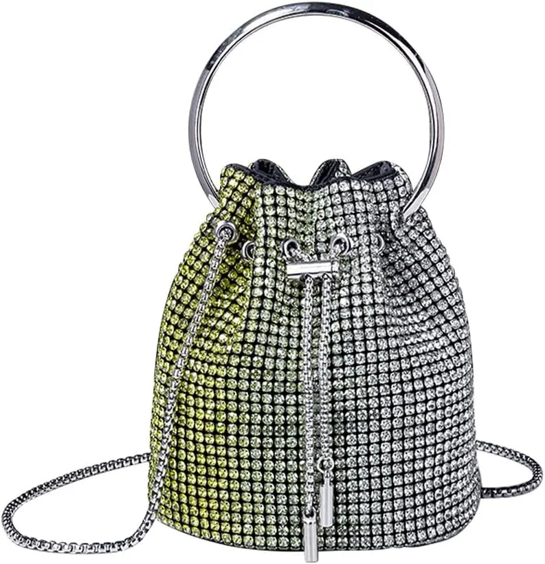 Bling Evening Handbag Rhinestone Drawstring Shoulder Bucket Purse Diamond Clutch Purse Party Wedding Shopping