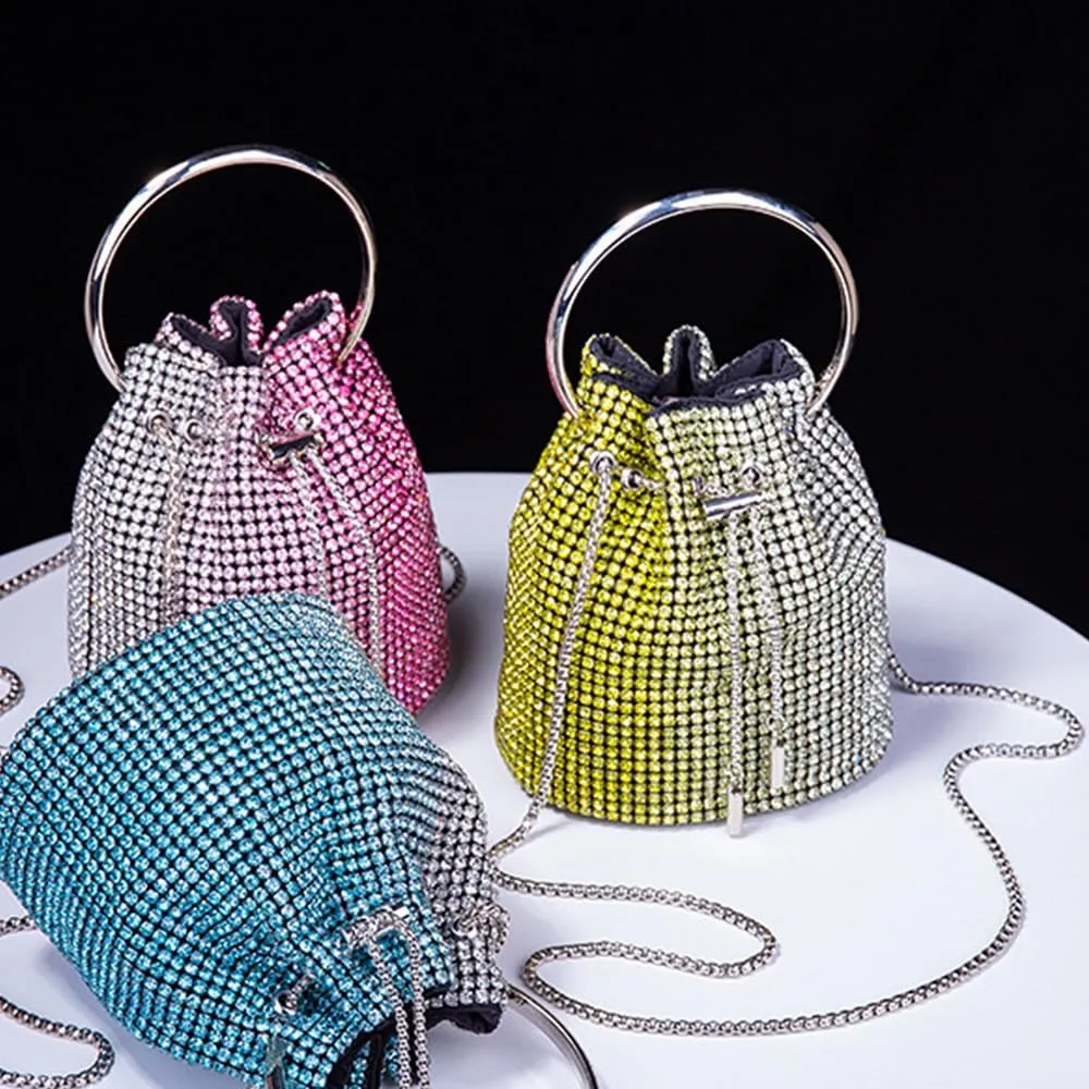 Bling Evening Handbag Rhinestone Drawstring Shoulder Bucket Purse Diamond Clutch Purse Party Wedding Shopping