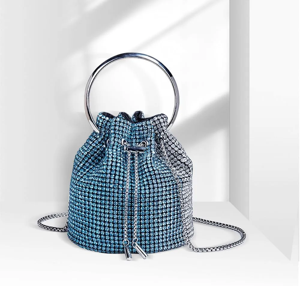 Bling Evening Handbag Rhinestone Drawstring Shoulder Bucket Purse Diamond Clutch Purse Party Wedding Shopping