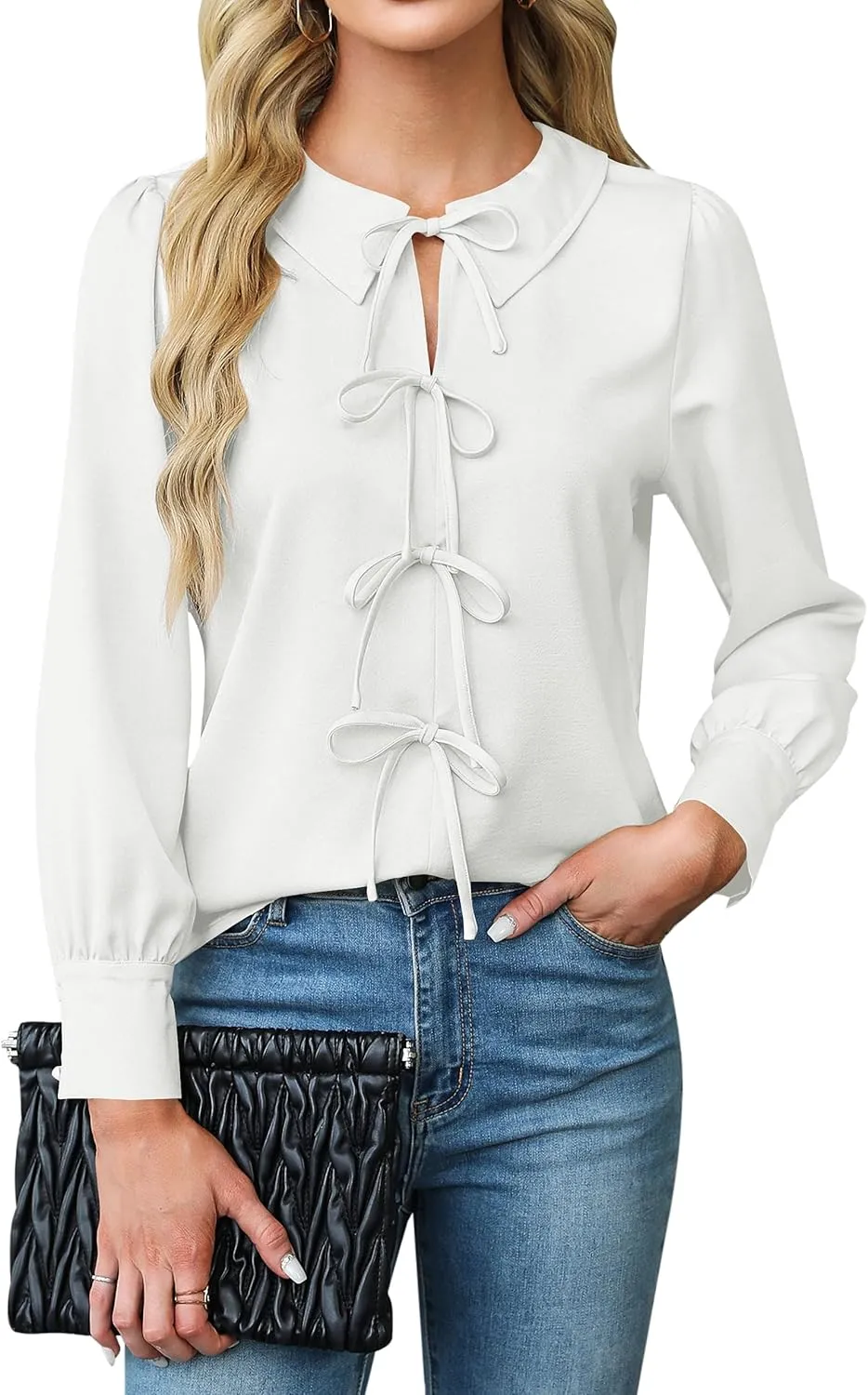 Blooming Jelly Women's Dressy Casual Blouses Business Work Tops Tie Front Long Sleeve Shirts 2025 Fall Outfits