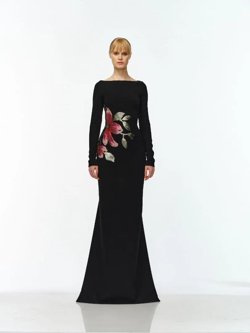 BOAT NECK LONG SLEEVE FIT-AND-FLARE GOWN