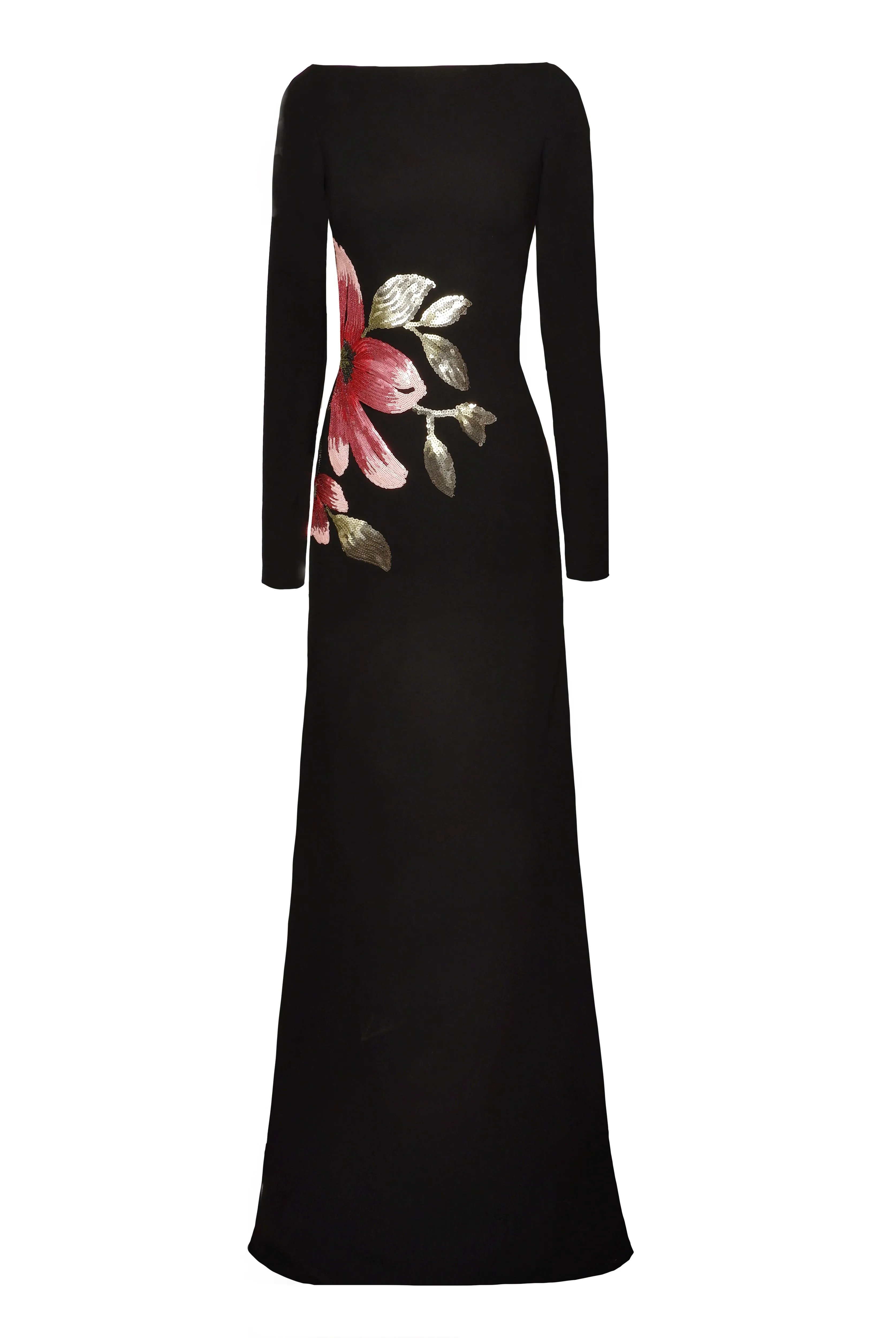 BOAT NECK LONG SLEEVE FIT-AND-FLARE GOWN
