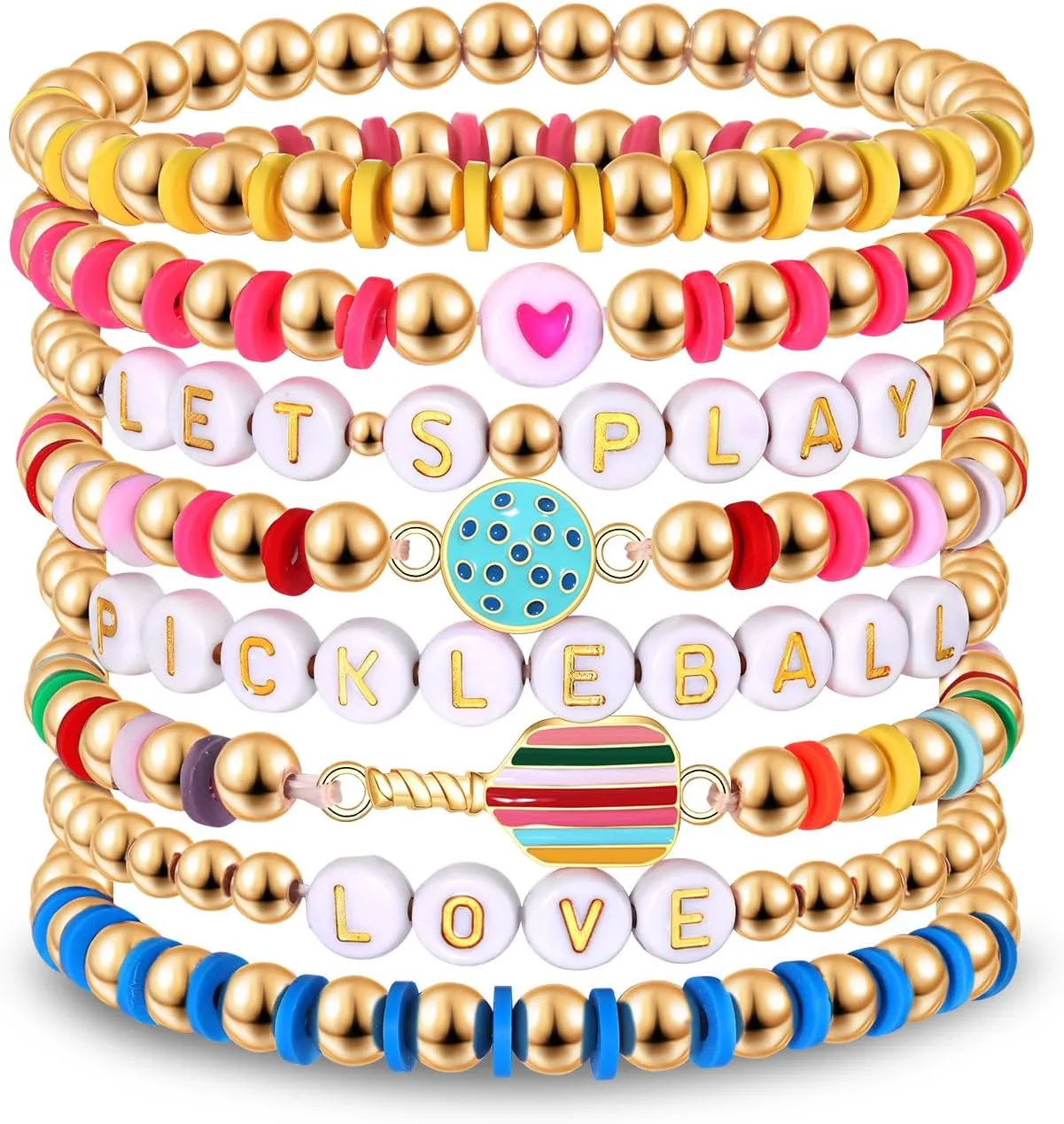 boderier 8 Pack Pickleball Bracelets Stackable Heishi Beaded Pickleball Paddle Stretch Bracelets Game Day Pickleball Friendship Bracelet Sports Fan Gifts for Women