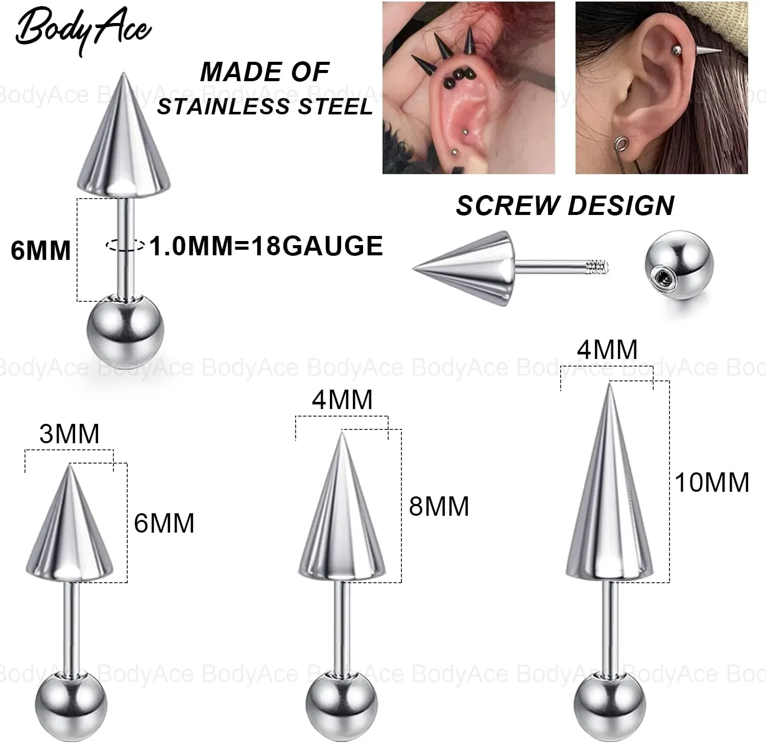 BodyAce 18G Spike Cartilage Earrings, Stainless Steel Spike Stud Earrings for Men Women, Daith Helix Tragus Earrings Black Ear Piercing Jewelry