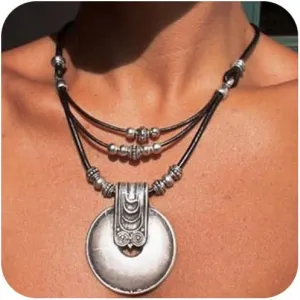 Boho Leather Cord Pendant Necklaces With Beads Bohemian Multilayer Adjustable Layered Choker Necklaces Vintage Disc Jewelry for Women