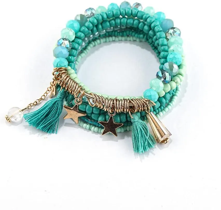 Boho Multilayer Stackable Bracelets Crystal Beaded Bracelets Set Cyan Blue Bohemian Handmade Beaded Bracelets Strand Statement for Women Jewelry