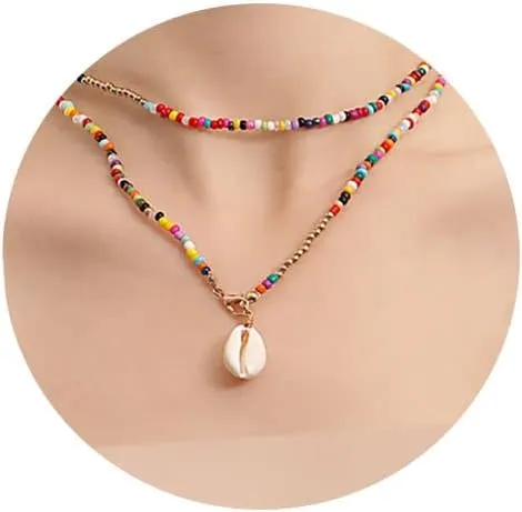 Boho Puka Shell Necklace Beaded Choker Necklaces for Women,Bohemian Layered White Seashell Necklaces Beach Necklaces Hawaiian Jewelry