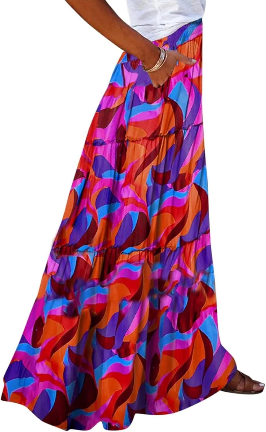 Boho Skirt for Women High Waist A Line Flowy Tiered Skirts Summer Floral Pleated Ruffle Long Maxi Skirt with Pockets