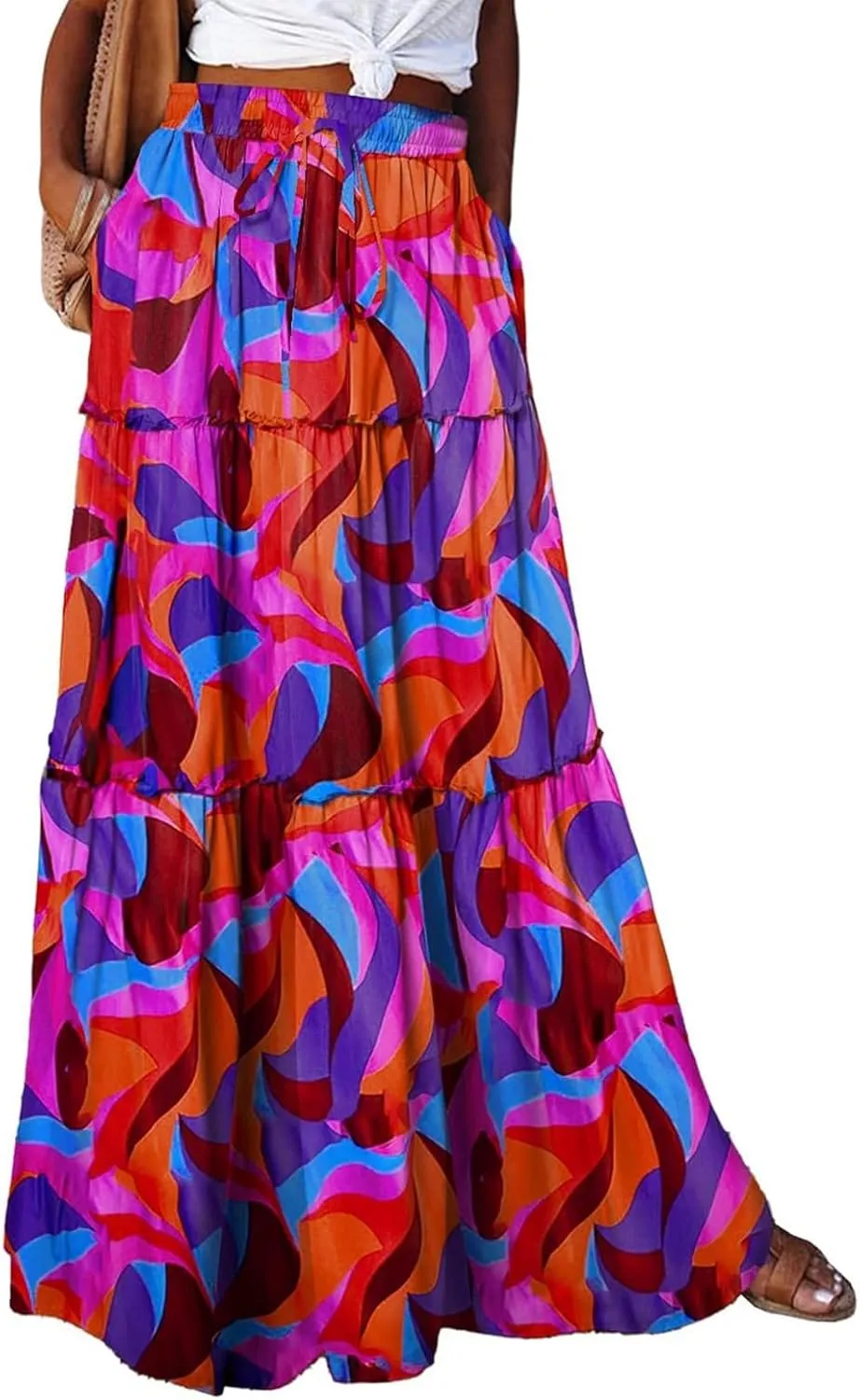 Boho Skirt for Women High Waist A Line Flowy Tiered Skirts Summer Floral Pleated Ruffle Long Maxi Skirt with Pockets