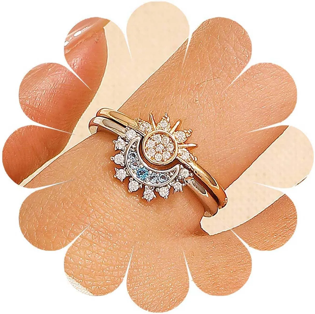 Boho Sun and Moon Couple Rings Crystal Moon Rings Couple Open Rings Engagement Finger Rings Adjustable Crescent Anniversary Rings Wedding Band Ring Jewelry for Women