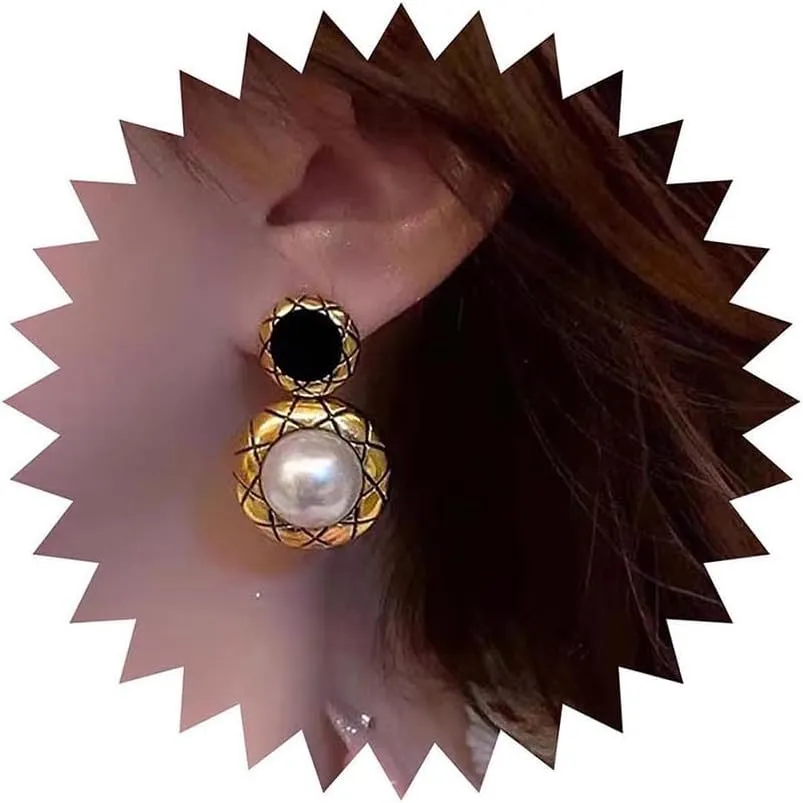 Boho Vintage Pearl Earrings Chunky Pearl Drop Earrings Gold Round Dangle Earrings Circle Onyx Stud Earrings Geometric Statement Earrings Jewelry for Women