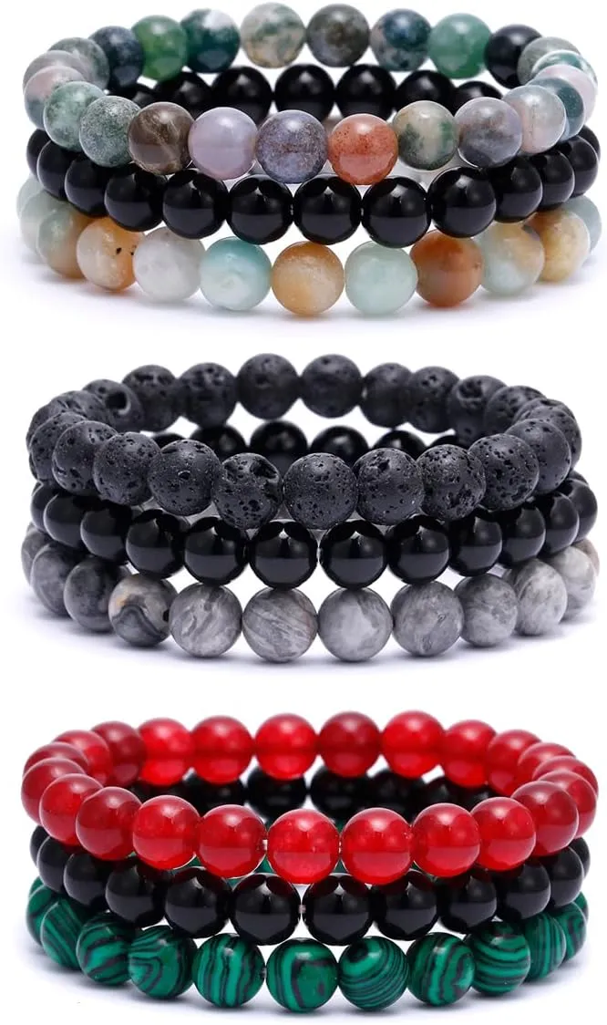 BOMAIL 9Pcs 8mm Natural Stone Beaded Bracelet Set for Men Women Semi-Precious Gemstone Beads Bracelets Matte Lava Rock Volcanic Tiger Eye Stone Yoga Healing Energy Crystal Stretch Bracelets Set