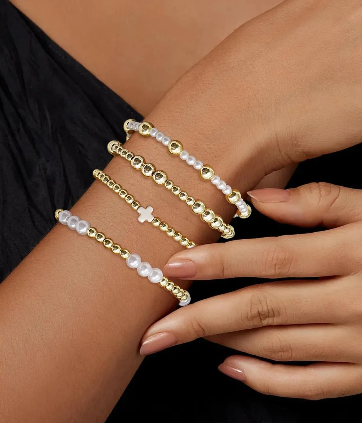 BOMAIL Gold Beaded Bracelets for Women Trendy Non Tarnish Gold Bracelet Stack 14K Gold Plated Pearl Bead Bracelets Cross Bracelets Set Stackable Stretch Beads Bracelet