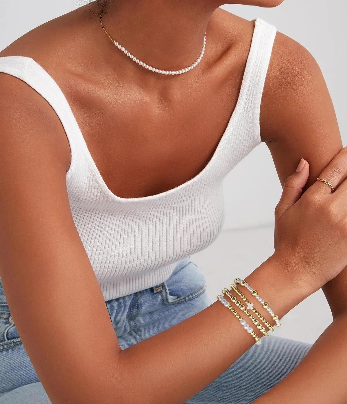 BOMAIL Gold Beaded Bracelets for Women Trendy Non Tarnish Gold Bracelet Stack 14K Gold Plated Pearl Bead Bracelets Cross Bracelets Set Stackable Stretch Beads Bracelet
