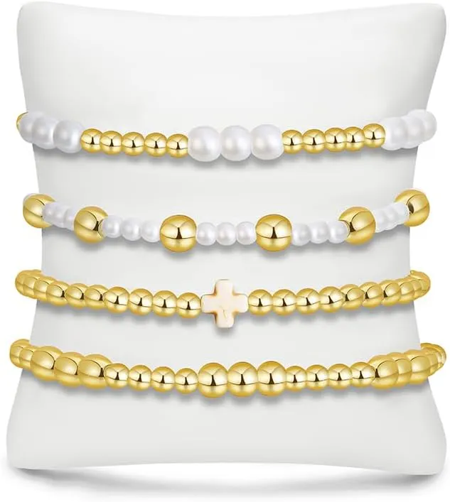 BOMAIL Gold Beaded Bracelets for Women Trendy Non Tarnish Gold Bracelet Stack 14K Gold Plated Pearl Bead Bracelets Cross Bracelets Set Stackable Stretch Beads Bracelet