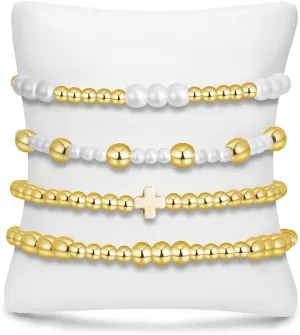 BOMAIL Gold Beaded Bracelets for Women Trendy Non Tarnish Gold Bracelet Stack 14K Gold Plated Pearl Bead Bracelets Cross Bracelets Set Stackable Stretch Beads Bracelet