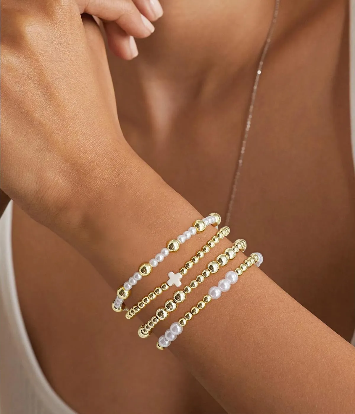 BOMAIL Gold Beaded Bracelets for Women Trendy Non Tarnish Gold Bracelet Stack 14K Gold Plated Pearl Bead Bracelets Cross Bracelets Set Stackable Stretch Beads Bracelet