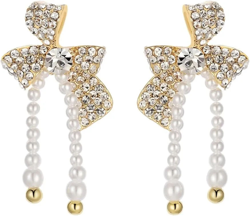 Bow Earrings - 18k Gold Brass Women's Earrings with Fashionable Pearl Drop, 925S Pure Silver Earring Pins Adorned with 5A Zircon, Ideal for Weddings, Daily Wear, and Valentines Day Gifts, Gold