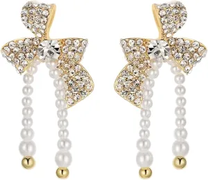 Bow Earrings - 18k Gold Brass Women's Earrings with Fashionable Pearl Drop, 925S Pure Silver Earring Pins Adorned with 5A Zircon, Ideal for Weddings, Daily Wear, and Valentines Day Gifts, Gold