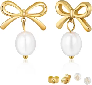 Bow Earrings 18K Gold Plated Pearl Earrings for Women Trendy Knot Pearl Bow Stud Earrings Jewelry Gifts