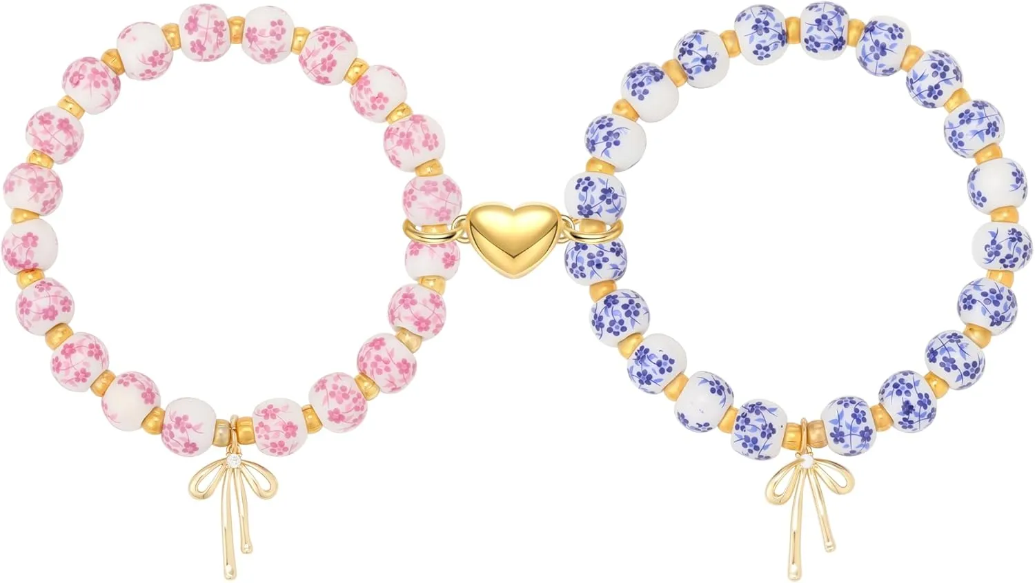 Bow Friendship Couples Matching Bracelets 14K Gold Beaded Bff Vintage Bracelets For Women Men 2PCS