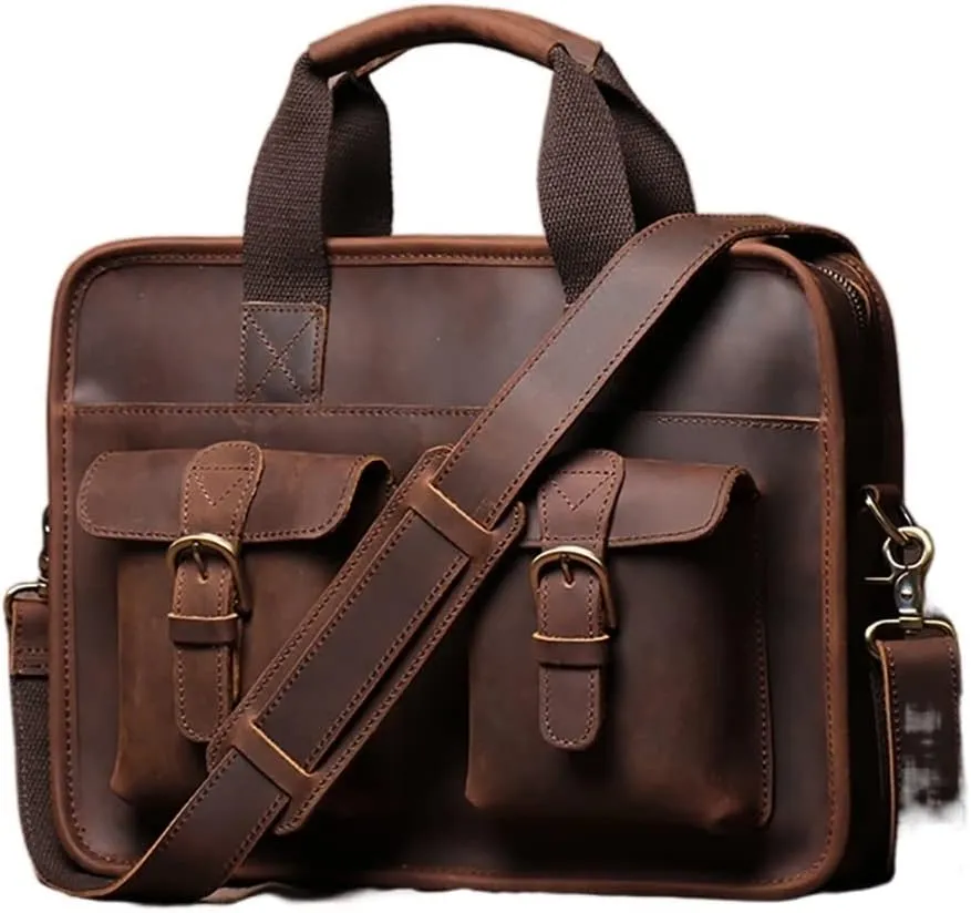 Briefcase Man Handbag Shoulder Genuine Leather Bags Brown Business 14 Inch Laptop Bag