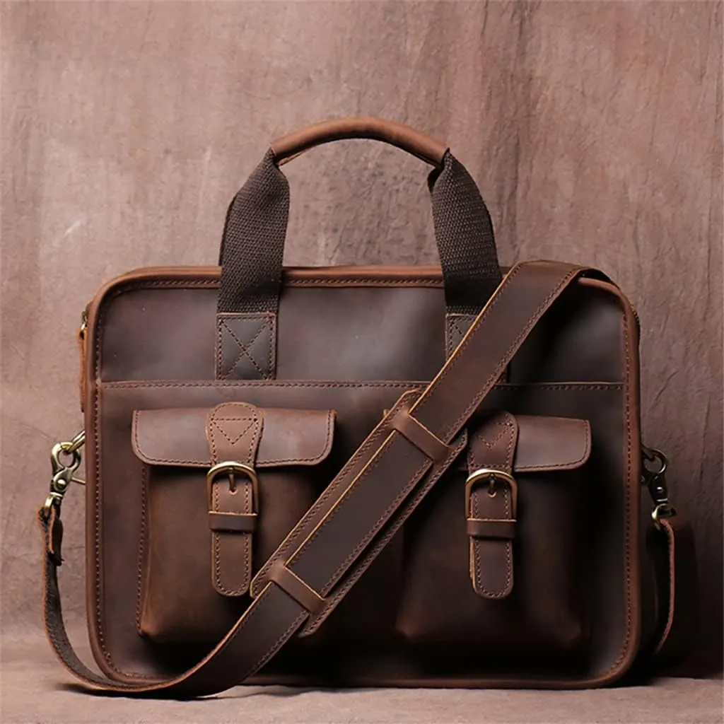 Briefcase Man Handbag Shoulder Genuine Leather Bags Brown Business 14 Inch Laptop Bag