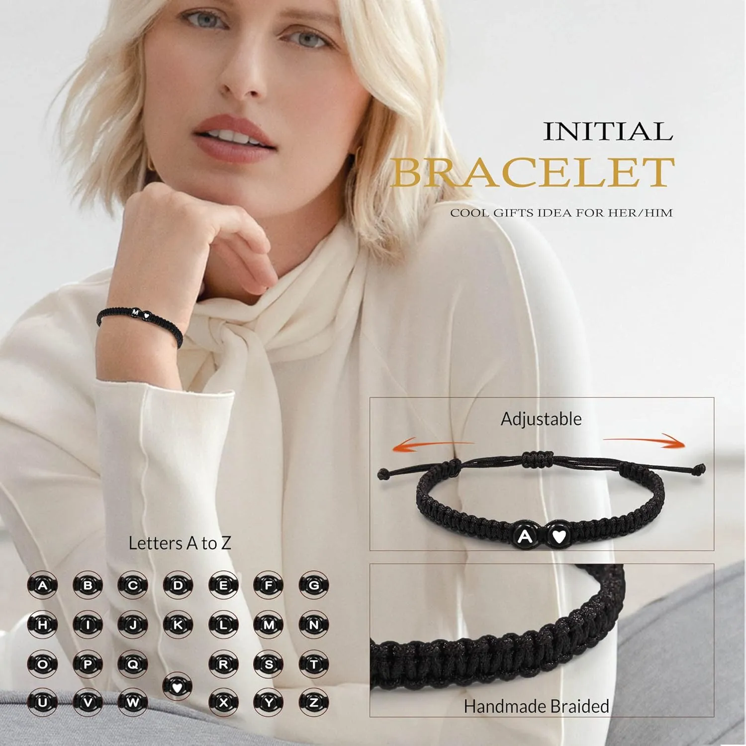 Btysun Initial Bracelets for Women Teen Gifts Trendy Stuff Best Friend Birthday Gifts Graduation Adjustable Letter A-Z Braided Bracelets Heart Link Sister Daughter Mother's Day Mom Female Christmas Jewelry