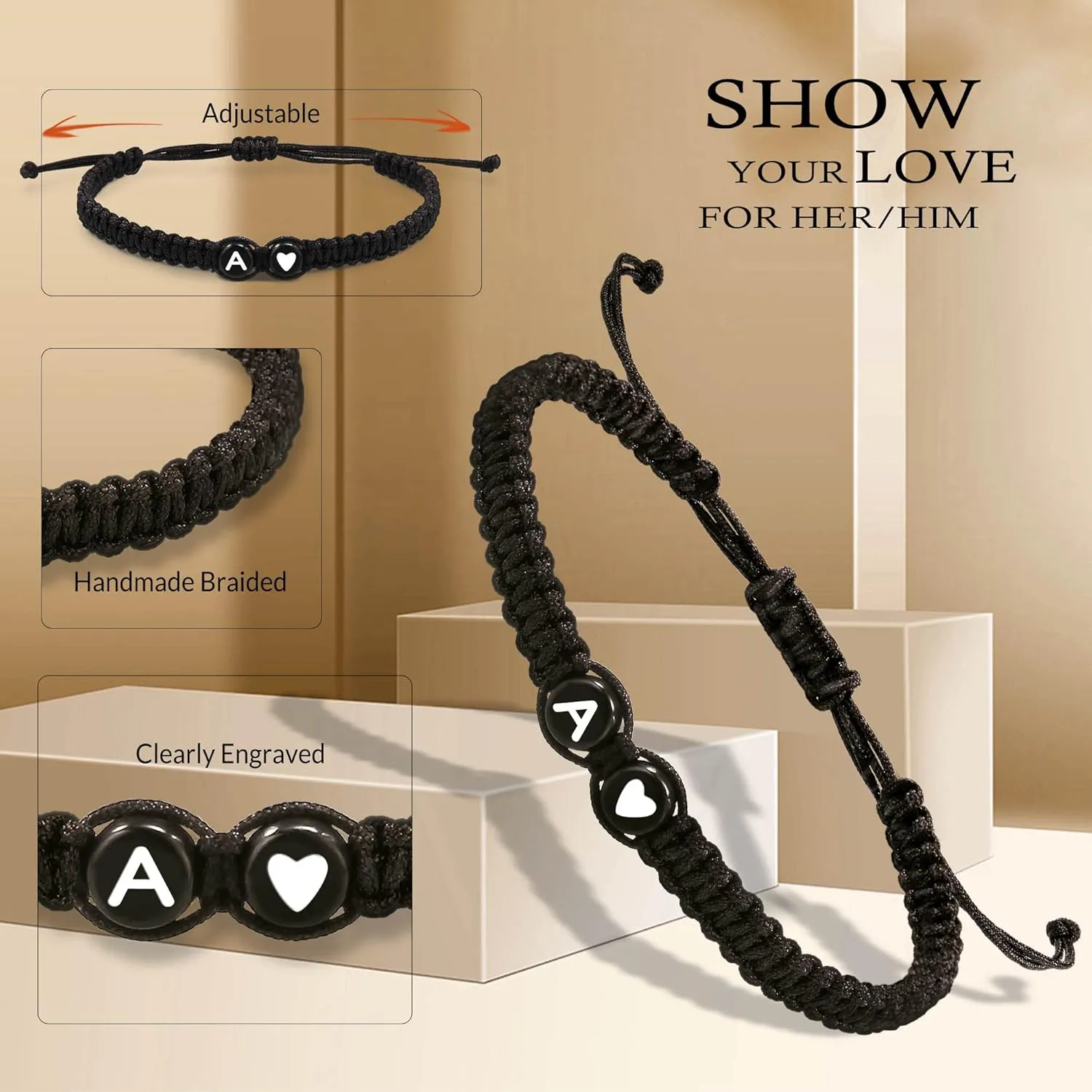 Btysun Initial Bracelets for Women Teen Gifts Trendy Stuff Best Friend Birthday Gifts Graduation Adjustable Letter A-Z Braided Bracelets Heart Link Sister Daughter Mother's Day Mom Female Christmas Jewelry