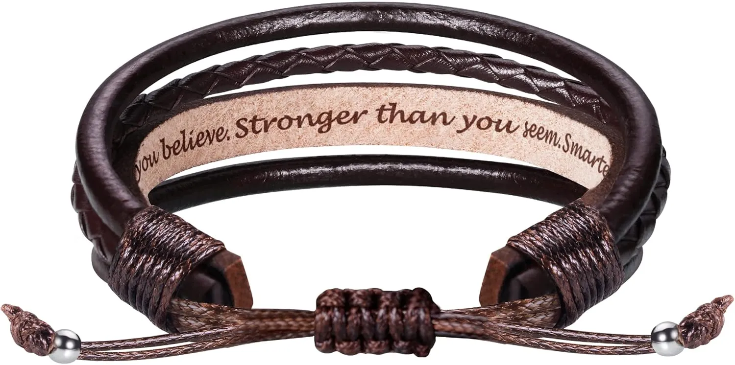 Btysun Leather Bracelet for Men Birthday Gifts for Dad Him Boyfriend Friends Adjustable Cuff Bracelets for Women Brown Valentines Father's Day Gift for Men Jewelry for Women with Inspirational Message