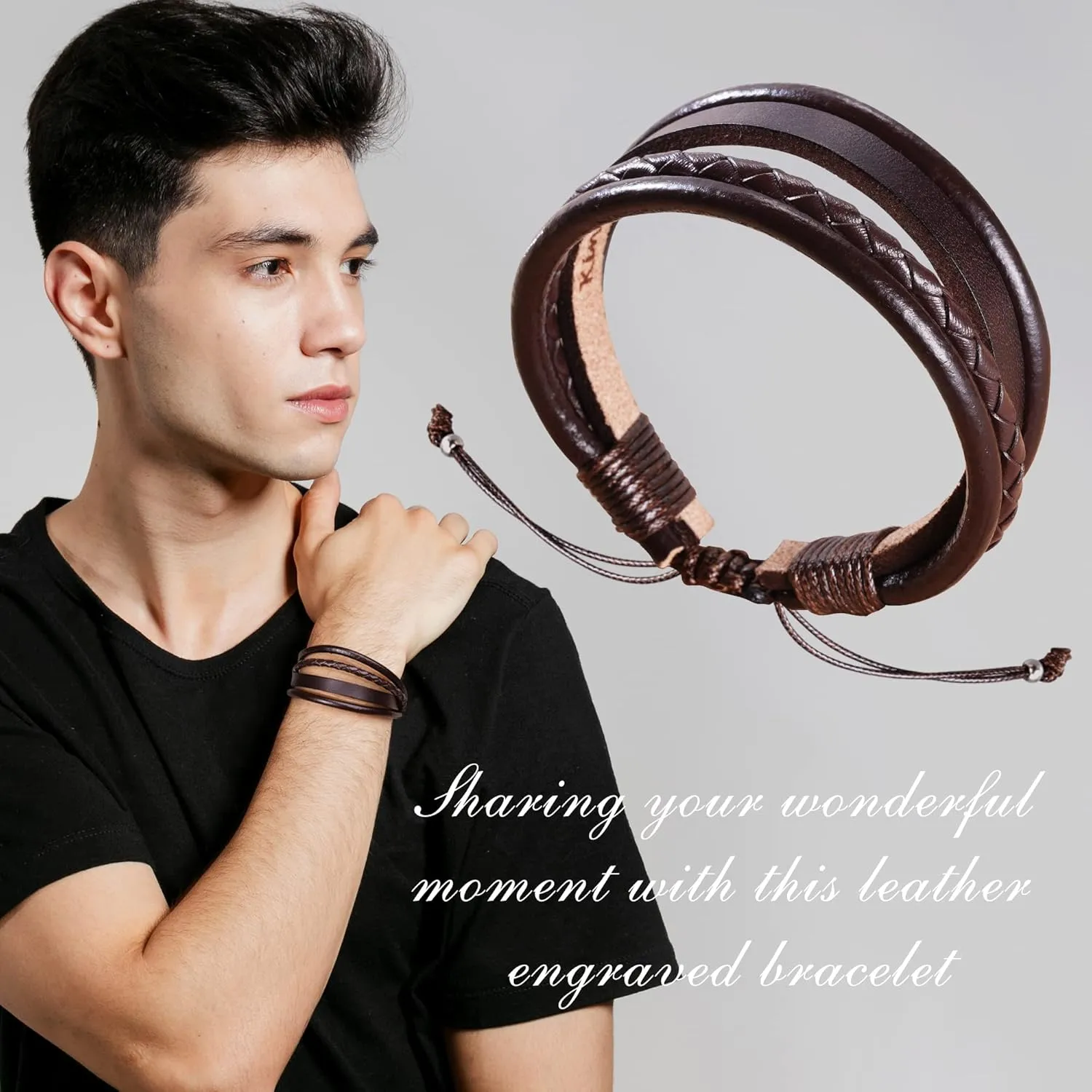 Btysun Leather Bracelet for Men Birthday Gifts for Dad Him Boyfriend Friends Adjustable Cuff Bracelets for Women Brown Valentines Father's Day Gift for Men Jewelry for Women with Inspirational Message