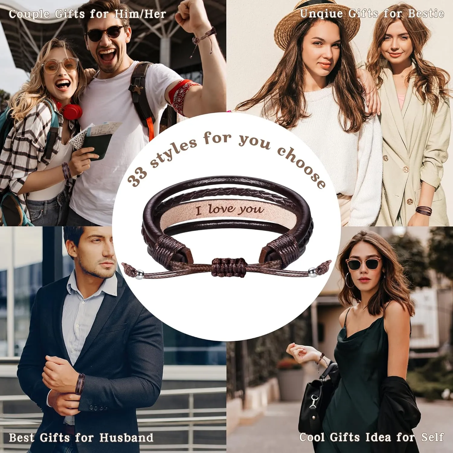 Btysun Leather Bracelet for Men Birthday Gifts for Dad Him Boyfriend Friends Adjustable Cuff Bracelets for Women Brown Valentines Father's Day Gift for Men Jewelry for Women with Inspirational Message