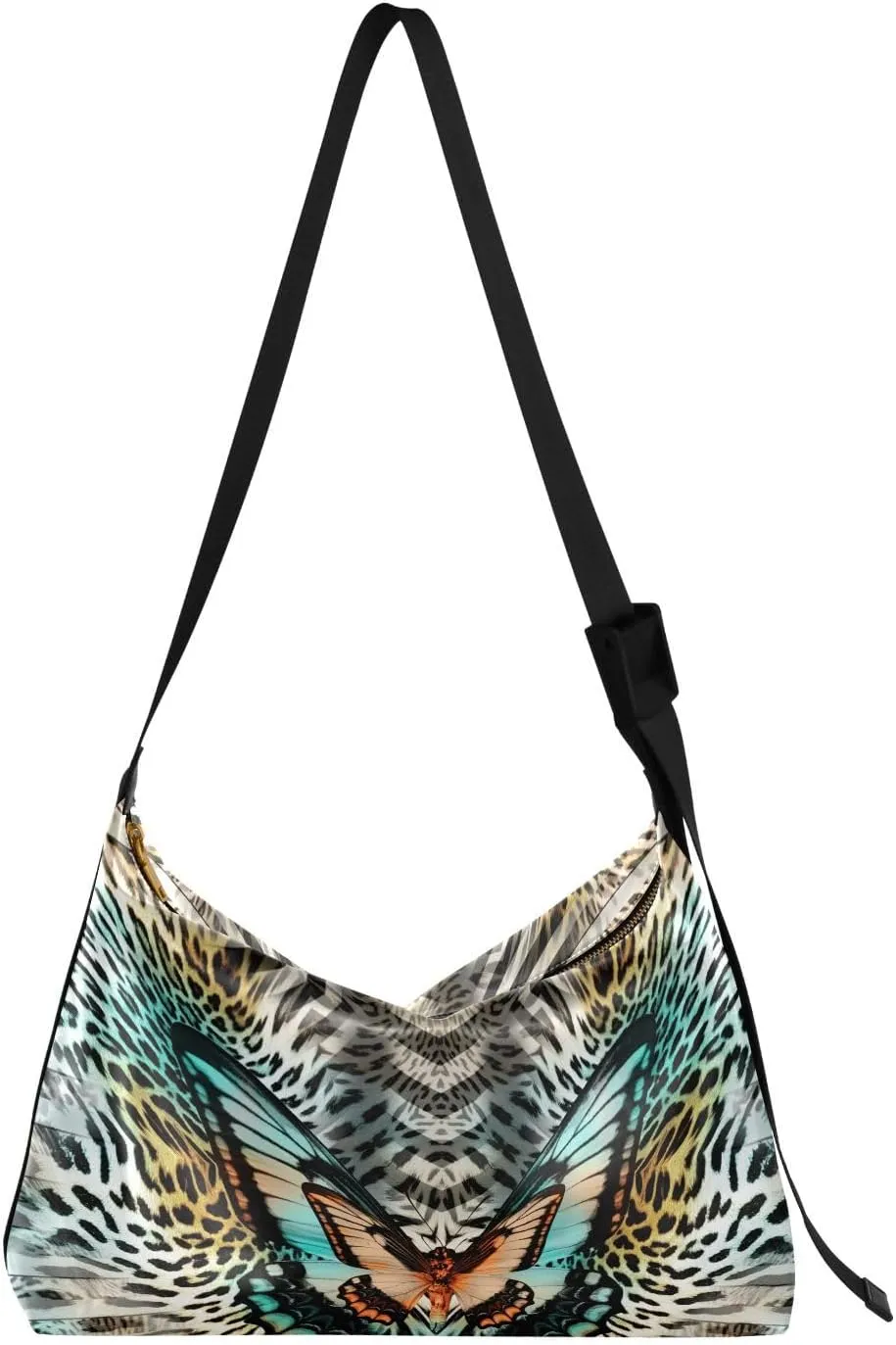 Butterfly Geometric Pattern Hobo Crossbody Bags for Women Leather Large Shoulder Bag Cross Body Leopard Zebra Skin Trendy Womens Tote Bags Handbag for Travel Shopping