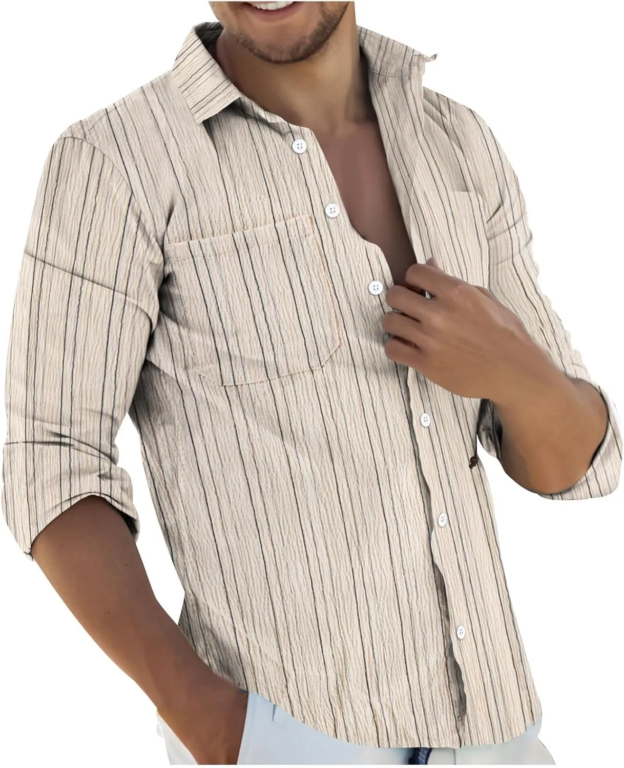 Cambkatl Men's Cotton Linen Button Down Shirts Casual Striped Lapel Long Sleeve Fashion Beach Travel Work Shirts