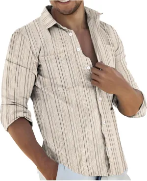 Cambkatl Men's Cotton Linen Button Down Shirts Casual Striped Lapel Long Sleeve Fashion Beach Travel Work Shirts
