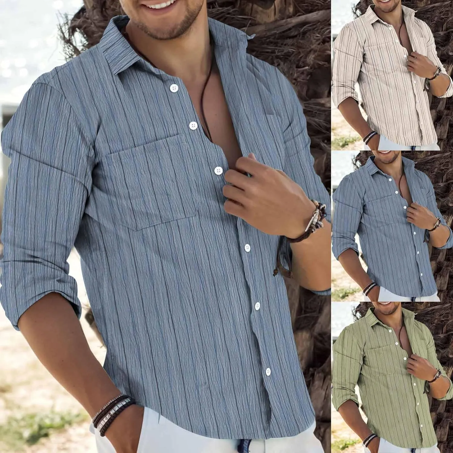 Cambkatl Men's Cotton Linen Button Down Shirts Casual Striped Lapel Long Sleeve Fashion Beach Travel Work Shirts
